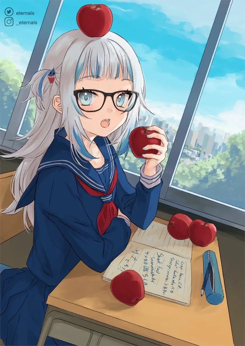 1girl alternate_costume apple bespectacled blue_eyes blue_hair blunt_bangs food fruit glasses grey_hair medium_hair multicolored_hair notebook open_mouth pencil_case sailor_collar school_uniform sharp_teeth solo streaked_hair tail teeth two_side_up virtual_youtuber ten_chan__eternal_s hololive gawr_gura__hololive
