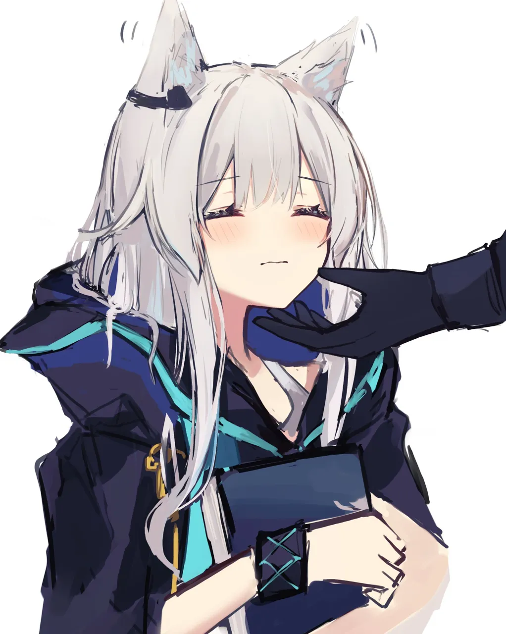 1girl animal_ears black_coat black_gloves blush book bracelet cat_ears closed_eyes closed_mouth coat ear_wiggle earpiece gloves grey_hair hand_on_another_s_chin holding holding_book hood hood_down hooded_coat infection_monitor__arknights jewelry long_hair long_sleeves motion_lines simple_background solo_focus stroking_another_s_chin upper_body white_background kokao358 arknights rosmontis__arknights