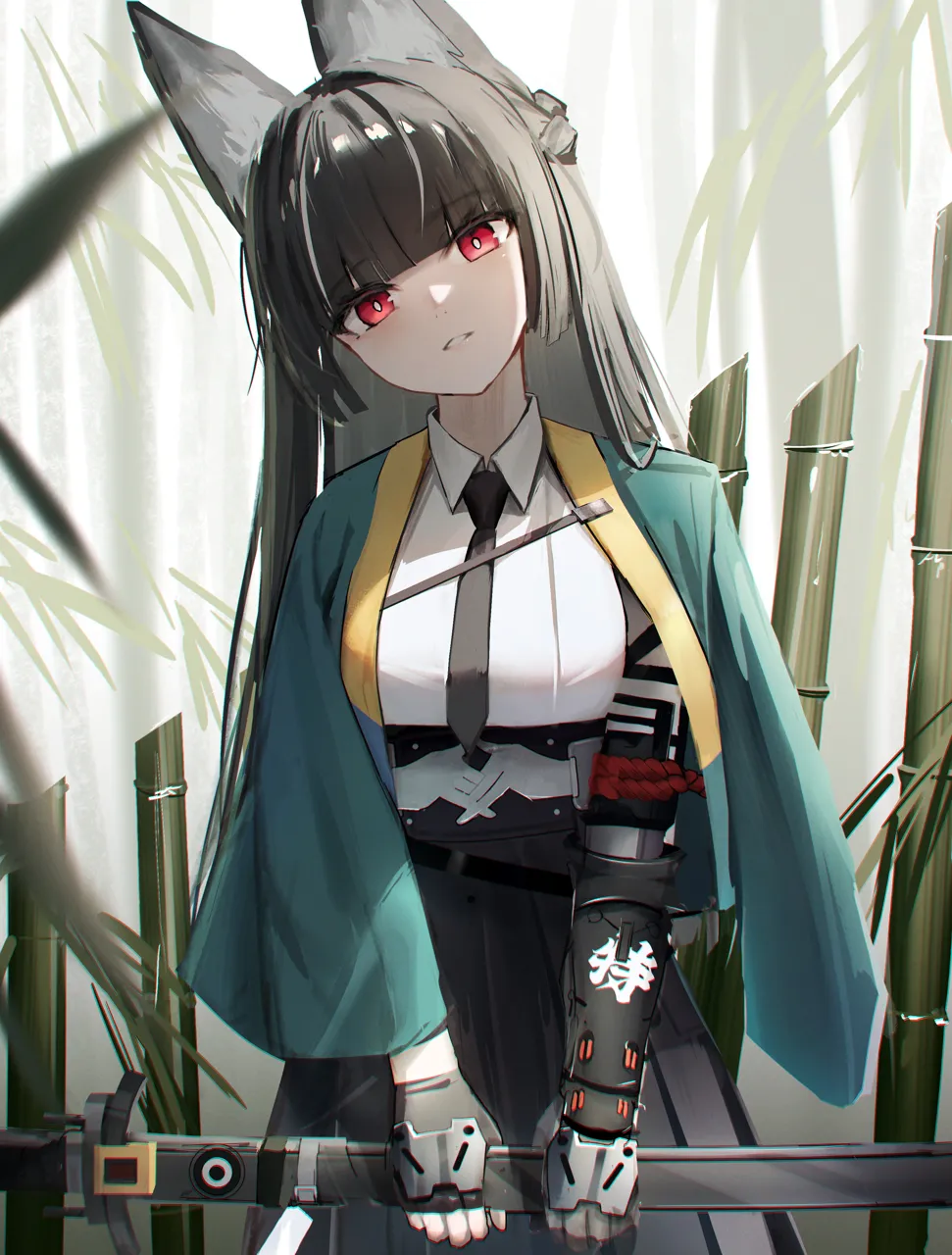 1girl animal_ears bamboo bamboo_forest black_gloves black_hair black_necktie black_skirt blunt_bangs forest fox_ears fox_girl gloves holding holding_sword holding_weapon jacket katana long_hair looking_at_viewer nature necktie red_eyes sheath sheathed sidelocks skirt solo sword weapon thomas_8000 zenless_zone_zero hoshimi_miyabi