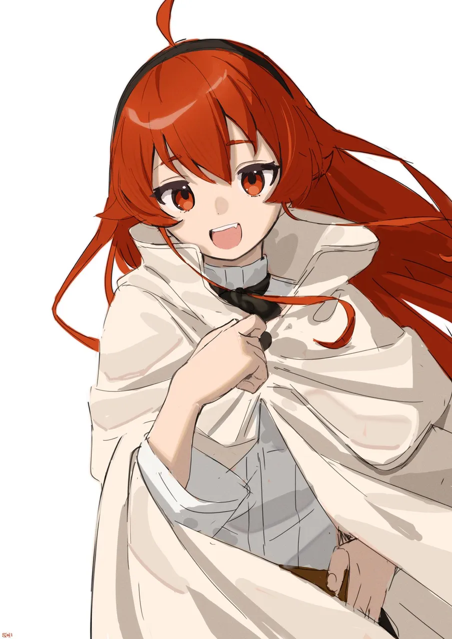 1girl ahoge black_hairband cloak hair_between_eyes hairband hand_on_own_hip long_hair long_sleeves looking_at_viewer open_mouth red_eyes red_hair shirt simple_background solo white_background white_shirt songchuan_li mushoku_tensei eris_greyrat__mushoku_tensei