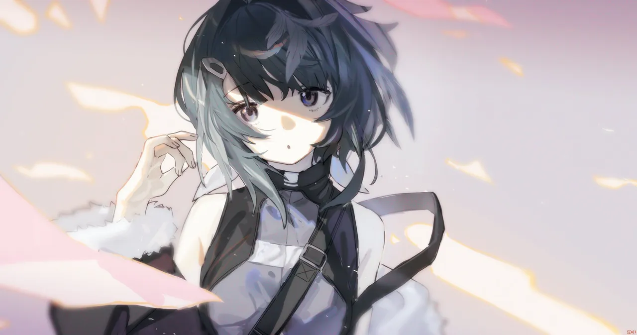 1girl between_breasts black_hair blue_eyes breasts choppy_bangs coat cropped_torso dress feather_hair fur_trimmed_coat fur_trim grey_hair hair_ornament hairclip head_tilt looking_at_viewer medium_hair multicolored_hair off_shoulder sidelocks simple_background sketch sleeveless sleeveless_dress solo strap_between_breasts wide_sleeves songchuan_li arknights la_pluma__arknights