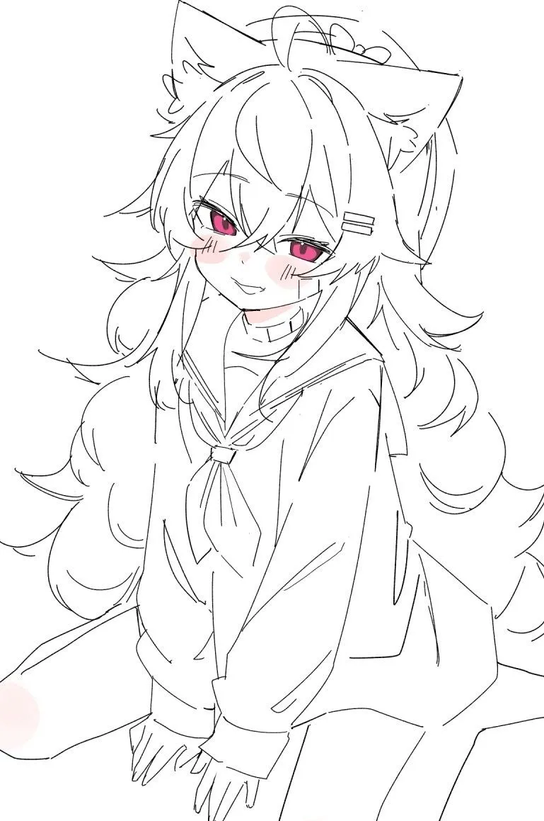 1girl ahoge animal_ear_fluff animal_ears bangs blush eyebrows_visible_through_hair greyscale hair_between_eyes hair_ornament hairclip long_hair long_sleeves looking_at_viewer monochrome neckerchief sailor_collar school_uniform serafuku simple_background sitting sketch sleeves_past_wrists smile solo tail very_long_hair white_background virtual_youtuber