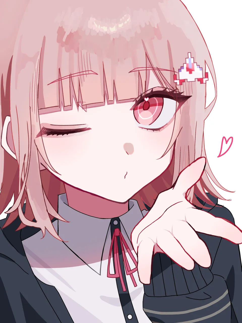 1girl blowing_kiss blunt_bangs collared_shirt hair_ornament hand_up heart jacket medium_hair one_eye_closed pink_eyes ribbon shirt solo two_tone_shirt su_no__su_no090 danganronpa__series danganronpa_2__goodbye_despair galaga nanami_chiaki