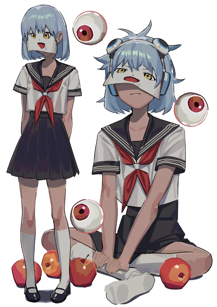 1girl apple black_sailor_collar black_shoes black_skirt blue_hair closed_mouth eyeball food fruit headphones multiple_views neckerchief paper pleated_skirt red_neckerchief sailor_collar shirt shoes short_hair short_sleeves skirt socks standing white_background white_shirt white_socks saaal653 eve__musician
