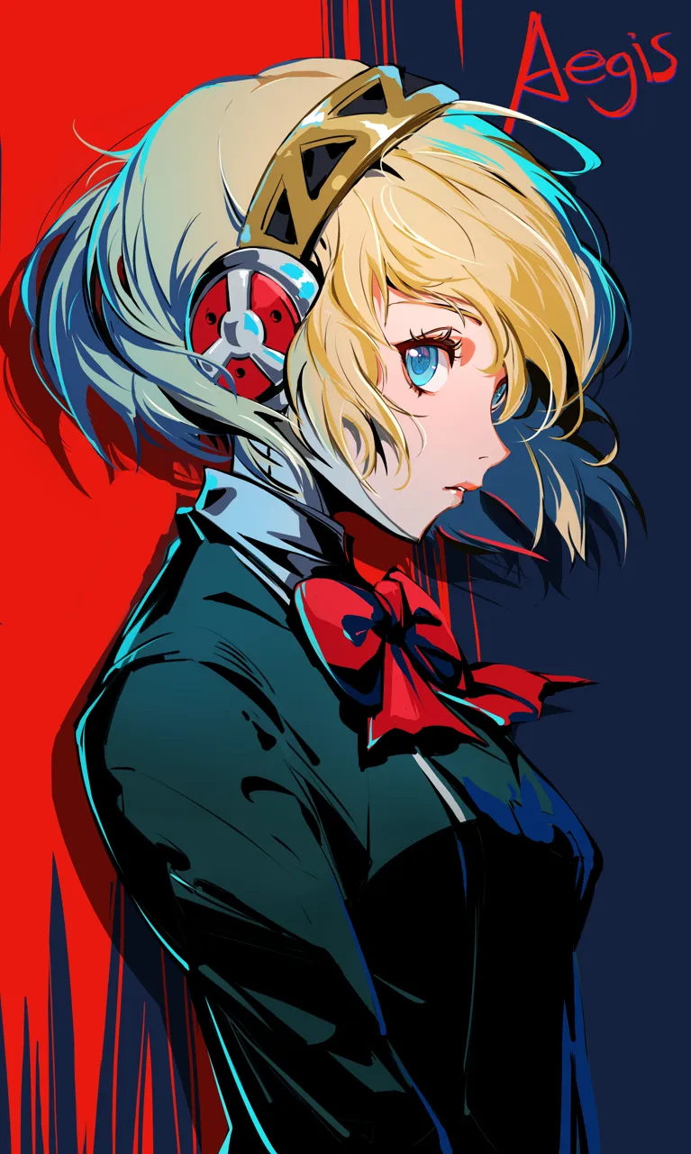 1girl android black_hairband black_jacket blonde_hair blue_eyes bow bowtie character_name floating_hair gekkoukan_high_school_uniform gold_trim hairband jacket lips long_sleeves looking_at_viewer parted_lips pink_lips profile red_bow red_bowtie robot_ears school_uniform short_hair solo kumo33 persona persona_3 persona_3_reload aigis__persona