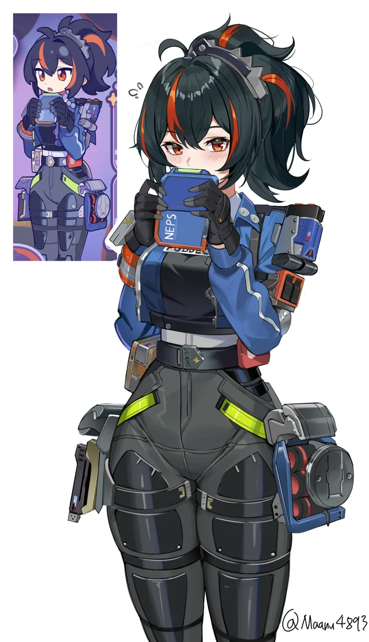 1girl artist_name black_gloves black_hair black_pants blue_jacket blush breasts clipboard covering_own_mouth flying_sweatdrops gloves high_waist_pants holding holding_clipboard holster jacket large_breasts metal_hairband multicolored_hair pants police police_uniform policewoman ponytail red_eyes red_hair reference_inset shoulder_holster skindentation solo streaked_hair tight_clothes tight_pants white_background maanu zenless_zone_zero zhu_yuan__zenless_zone_zero