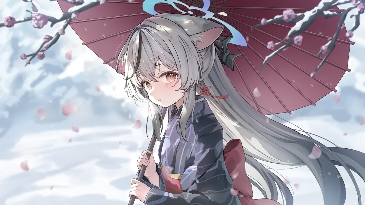 1girl alternate_costume animal_ear_fluff animal_ears black_hair blue_halo branch chinese_clothes falling_petals grey_hair hair_between_eyes hair_intakes halo holding holding_umbrella japanese_clothes kimono long_hair long_sleeves looking_at_viewer multicolored_hair obi oil_paper_umbrella orange_eyes pankou parted_lips petals sash sidelocks solo streaked_hair striped_clothes striped_kimono three_quarter_view tiger_ears umbrella upper_body vertical_striped_clothes vertical_striped_kimono umou__umouawa blue_archive kokona__blue_archive