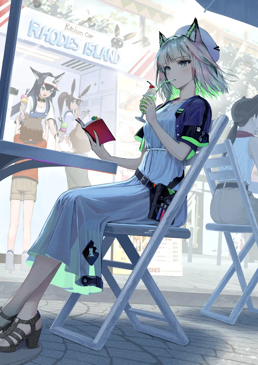 animal_ears black_hair blonde_hair blue_eyes blue_hair blush breasts brown_hair cat_ears cat_girl closed_mouth dress hairband holding jacket jewelry large_breasts long_hair long_sleeves multiple_girls open_mouth rabbit_ears shirt sitting skirt smile very_long_hair white_shirt pi__p77777778 arknights amiya__arknights blaze__arknights kal_tsit__arknights