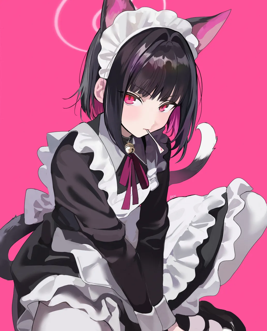 1girl alternate_costume animal_ears apron bell black_dress black_hair cat_ears cat_girl cat_tail closed_mouth dress enmaided extra_ears frilled_apron frills halo jingle_bell juliet_sleeves long_sleeves looking_at_viewer maid maid_apron maid_headdress neck_bell pantyhose pink_background pink_hair pink_halo puffy_sleeves red_eyes short_hair simple_background solo tail white_apron white_headdress white_pantyhose haze__ohw8g blue_archive kazusa__blue_archive
