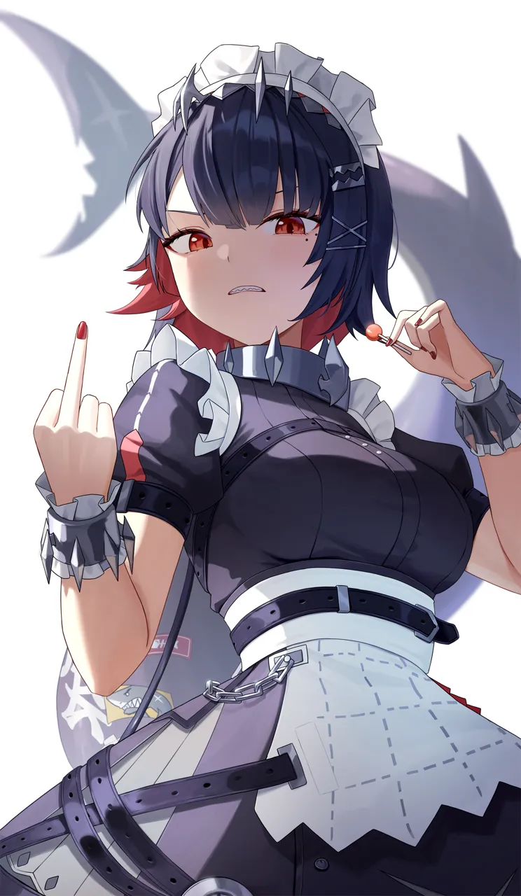 1girl black_hair breasts candy chain clenched_teeth colored_inner_hair fingernails fins fish_tail food from_below lollipop looking_at_viewer maid maid_headdress medium_breasts middle_finger mole mole_under_eye multicolored_hair nail_polish red_eyes red_hair red_nails shark_girl shark_tail sharp_teeth short_hair simple_background solo tail teeth white_background nasol zenless_zone_zero ellen_joe__zenless_zone_zero