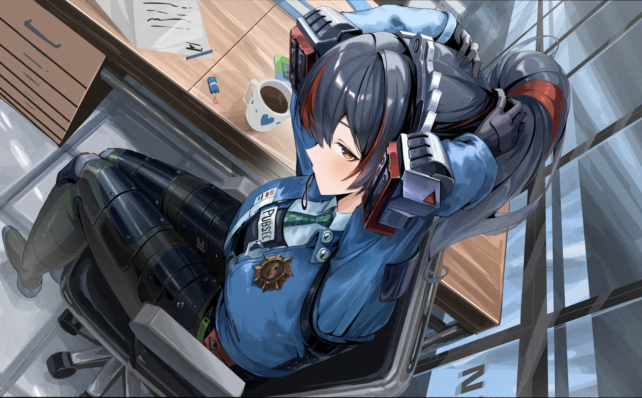 1girl adjusting_hair arms_up black_hair blue_jacket breasts chair checkered_necktie coffee coffee_mug cup desk from_above from_side hair_tie_in_mouth high_waist_pants holster indoors jacket large_breasts looking_at_viewer looking_to_the_side metal_hairband mouth_hold mug multicolored_hair necktie office office_chair on_chair pants police police_badge police_uniform policewoman ponytail red_eyes red_hair shirt shoulder_holster sitting solo streaked_hair swivel_chair tight_clothes tight_pants white_shirt nn11 zenless_zone_zero zhu_yuan__zenless_zone_zero