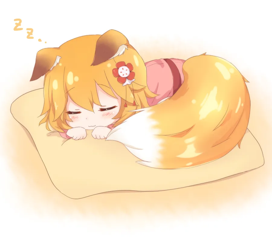 1girl _3 animal_ear_fluff animal_ears blush brown_hair closed_eyes closed_mouth cushion facing_viewer flower fox_ears fox_girl fox_tail full_body hair_between_eyes hair_flower hair_ornament japanese_clothes kimono long_sleeves pink_kimono red_flower sleeping solo tail zabuton zzz araki495 sewayaki_kitsune_no_senko_san senko__sewayaki_kitsune_no_senko_san
