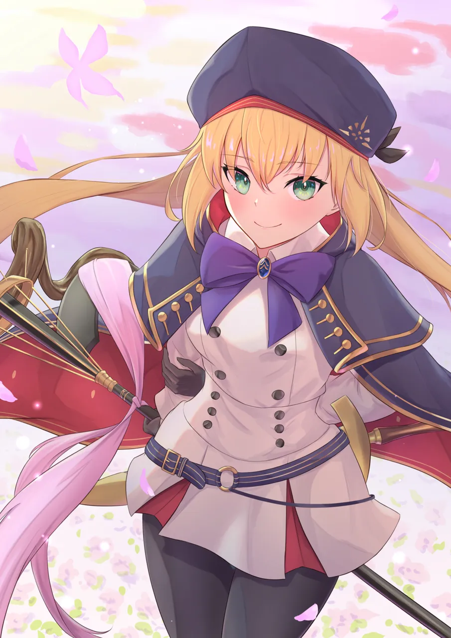 1girl blonde_hair breasts cowboy_shot gloves green_eyes hair_between_eyes hat holding holding_staff long_hair long_sleeves looking_at_viewer medium_breasts pantyhose smile solo staff staff_of_selection__fate standing twintails cocoablue23 fate_grand_order fate__series artoria_caster__fate artoria_caster__second_ascension__fate artoria_pendragon__fate