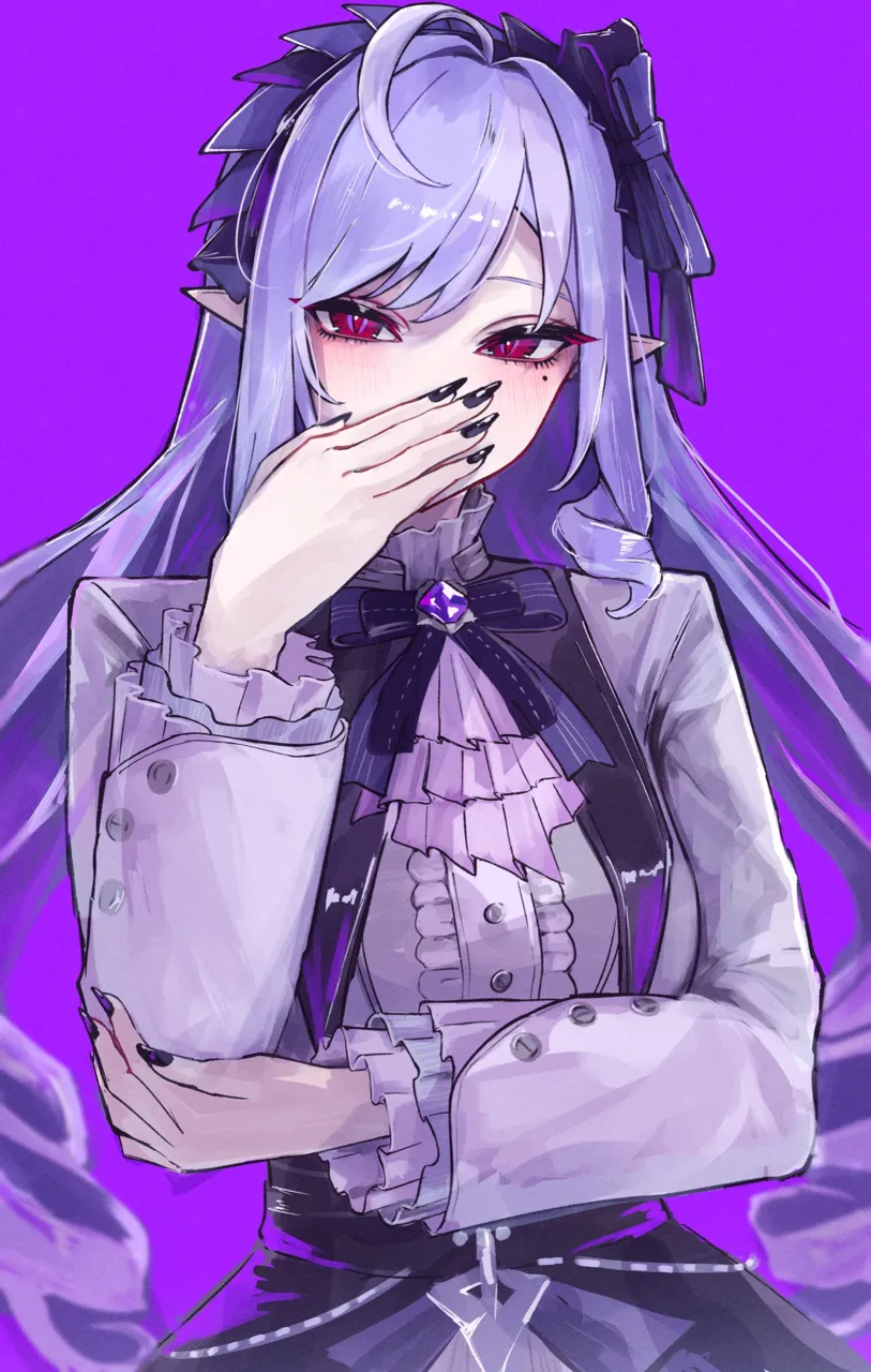 1girl arm_under_breasts ascot black_nails blush bow center_frills covering_own_mouth drill_hair frills hairband looking_at_viewer mole mole_under_eye pointy_ears purple_ascot purple_background purple_bow purple_hair purple_hairband shirt simple_background solo upper_body vampire white_shirt sanshoku_dango__shukosuko zenless_zone_zero vivian__zenless_zone_zero