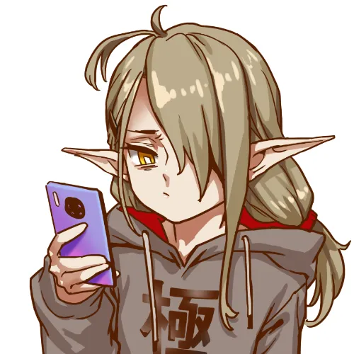 1girl antenna_hair asymmetrical_bangs bright_pupils brown_hair cellphone hair_ornament hair_over_one_eye hair_scrunchie hairclip hood hooded_sweater hoodie long_hair phone pointy_ears pout scrunchie simple_background single_sidelock smartphone solo sweater virtual_youtuber white_background white_pupils yellow_eyes as109 shui_lan_er