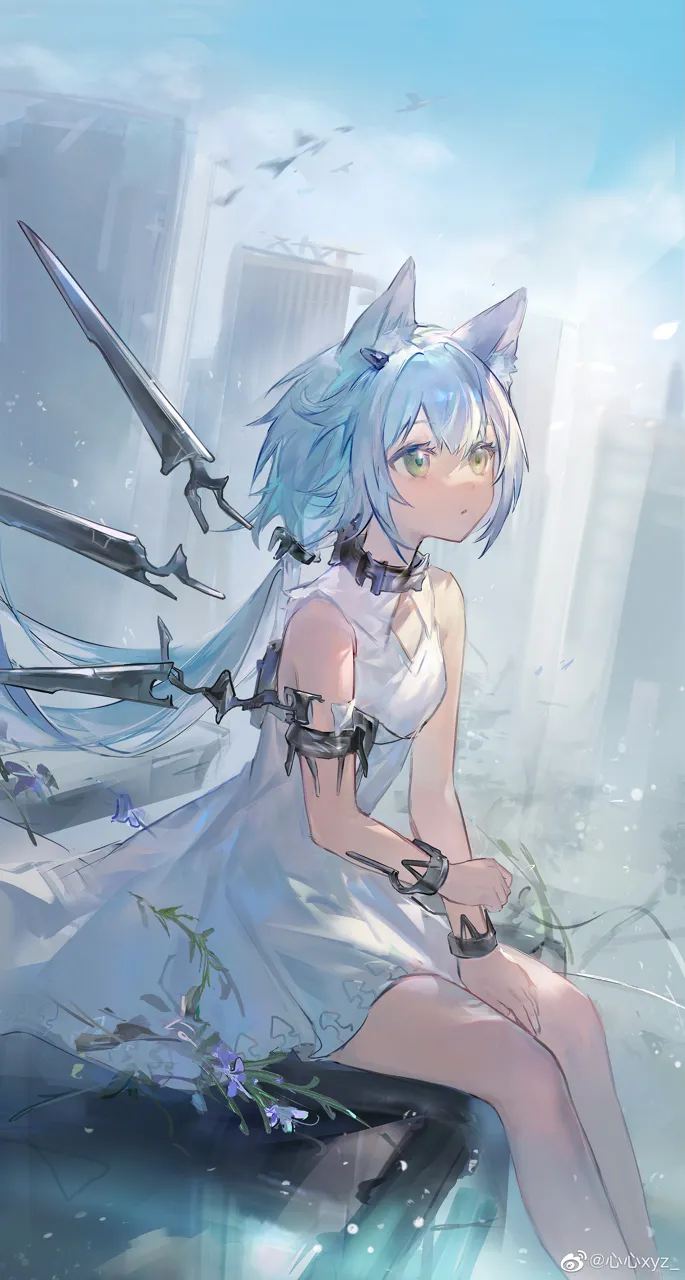 1girl animal_ears bare_shoulders blue_sky breasts cat_ears cat_girl detached_wings dress earpiece feet_out_of_frame green_eyes grey_hair long_hair mechanical_wings official_alternate_costume outdoors parted_lips ponytail sitting sky small_breasts solo watermark weibo_watermark white_dress wings zxy__xinxinxyz arknights rosmontis__arknights rosmontis__become_anew__arknights