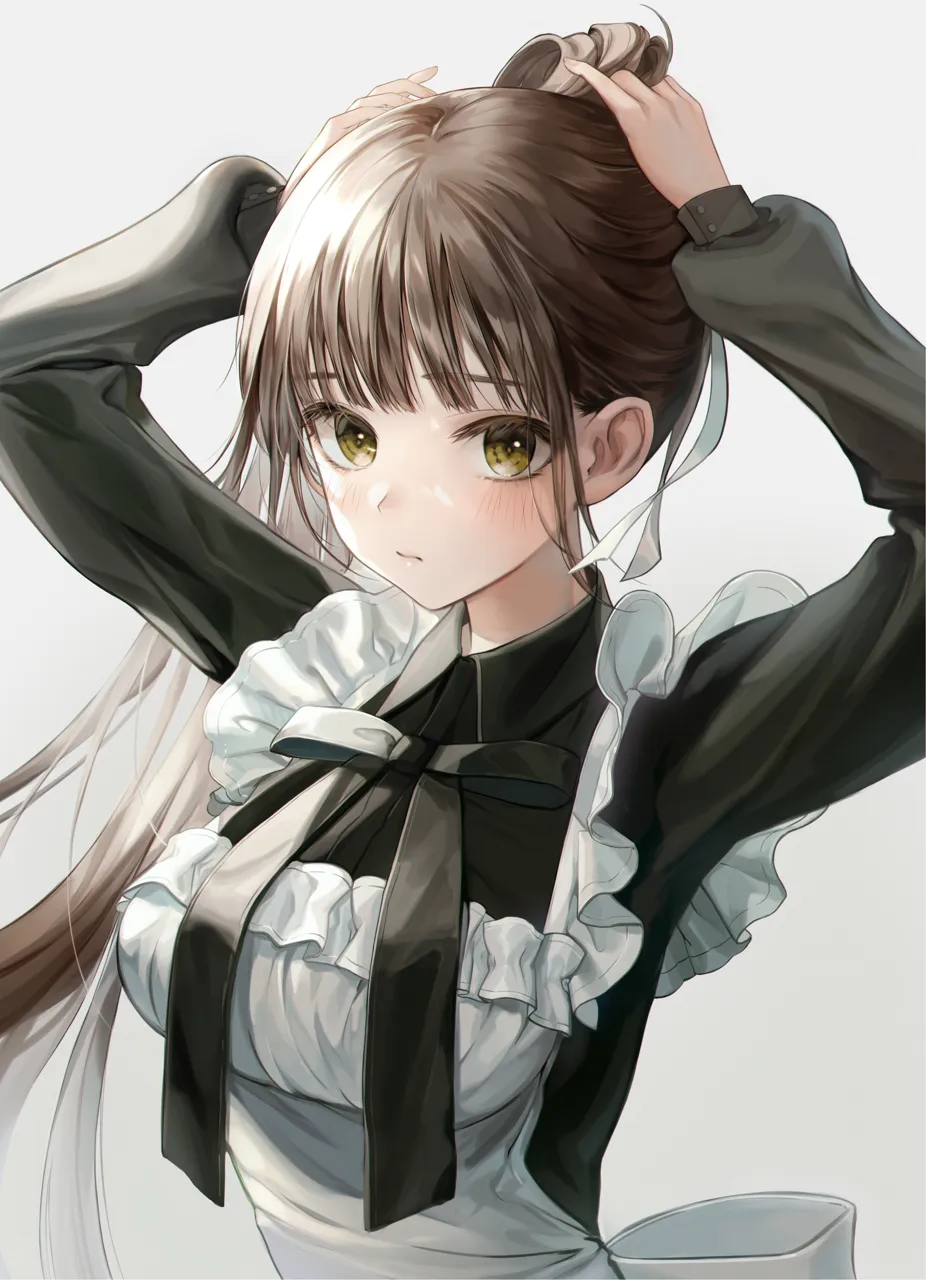 1girl adjusting_hair apron arms_behind_head arms_up black_bow black_bowtie black_dress blush bow bowtie breasts brown_hair closed_mouth dress frilled_apron frills green_eyes grey_background hair_ribbon hand_in_own_hair hands_in_hair holding holding_own_hair large_breasts long_hair long_sleeves maid ponytail ribbon simple_background solo tying_hair upper_body white_apron myoushun