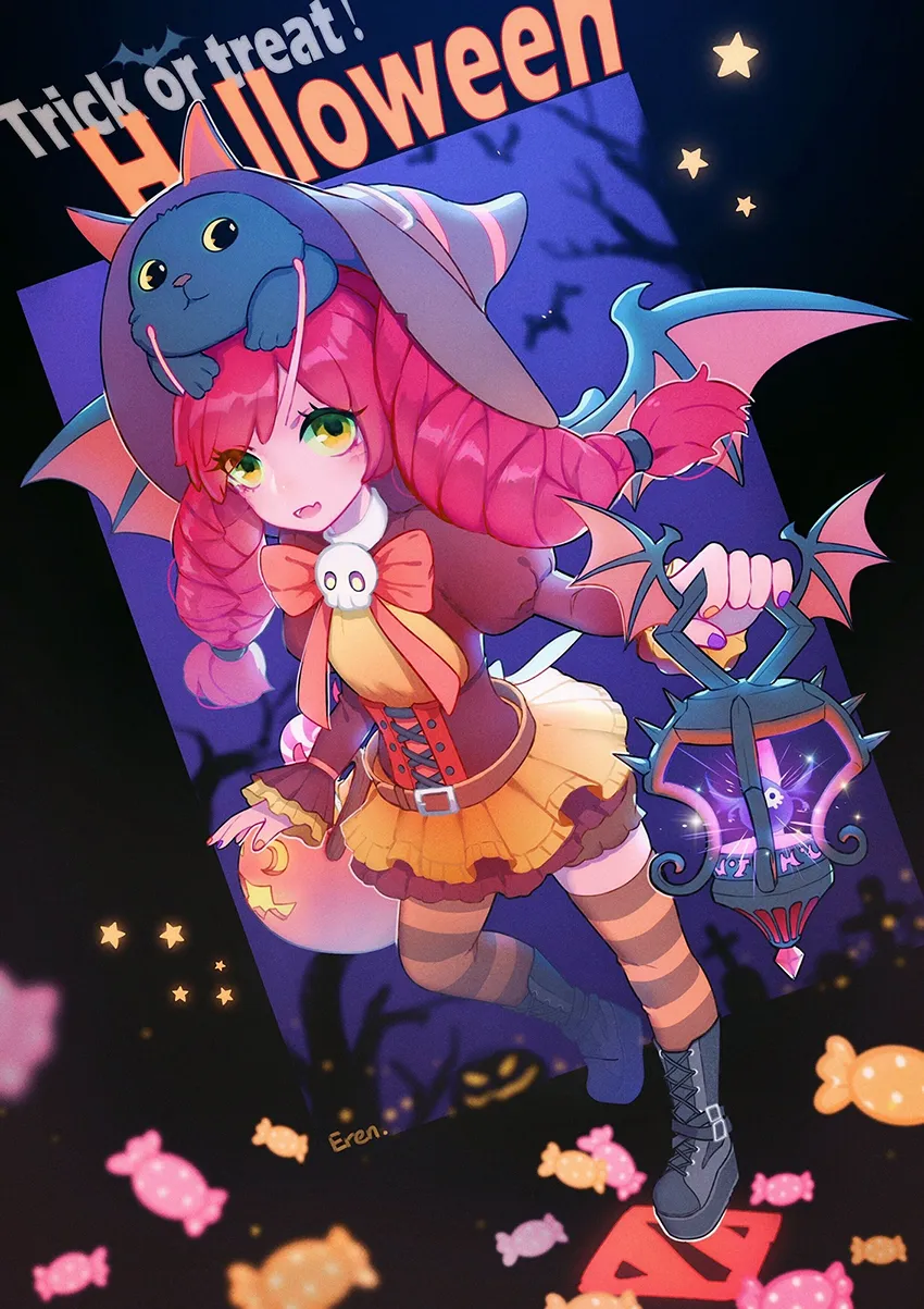 1girl bat__animal bat_wings black_footwear boots bow bowtie branch cage candy cat colored_skin dress food full_body hair_between_eyes halloween halloween_costume hat holding horns lollipop long_hair long_sleeves looking_at_viewer night night_sky open_mouth orange_thighhighs pink_hair pink_skin pumpkin sky star__sky star__symbol striped_clothes striped_thighhighs thighhighs tree twintails wings witch witch_hat yellow_eyes eren__artist dota_2 dark_willow__dota_2