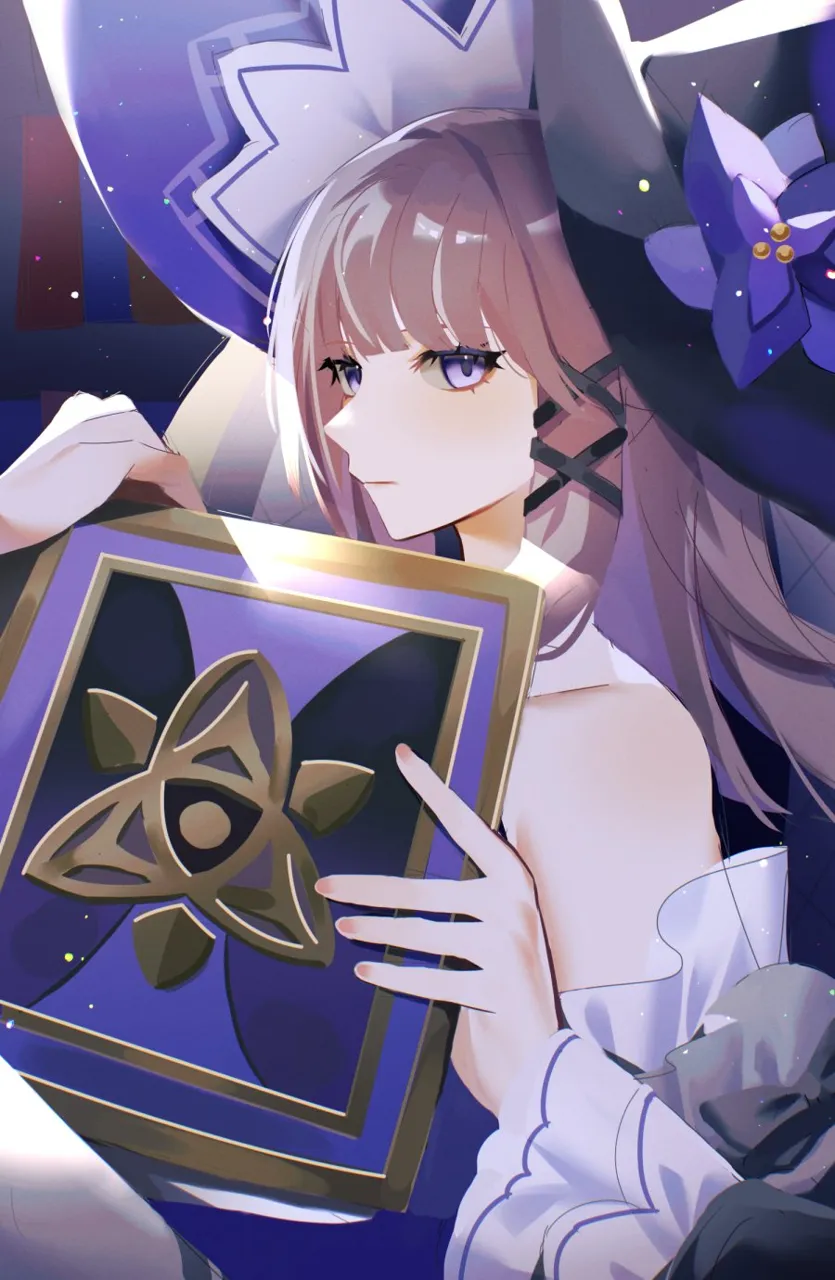 1girl bare_shoulders book brown_hair hat holding holding_book long_hair looking_at_viewer purple_eyes solo upper_body very_long_hair witch_hat om_rm1101 honkai__star_rail honkai__series herta__honkai__star_rail the_herta__honkai__star_rail