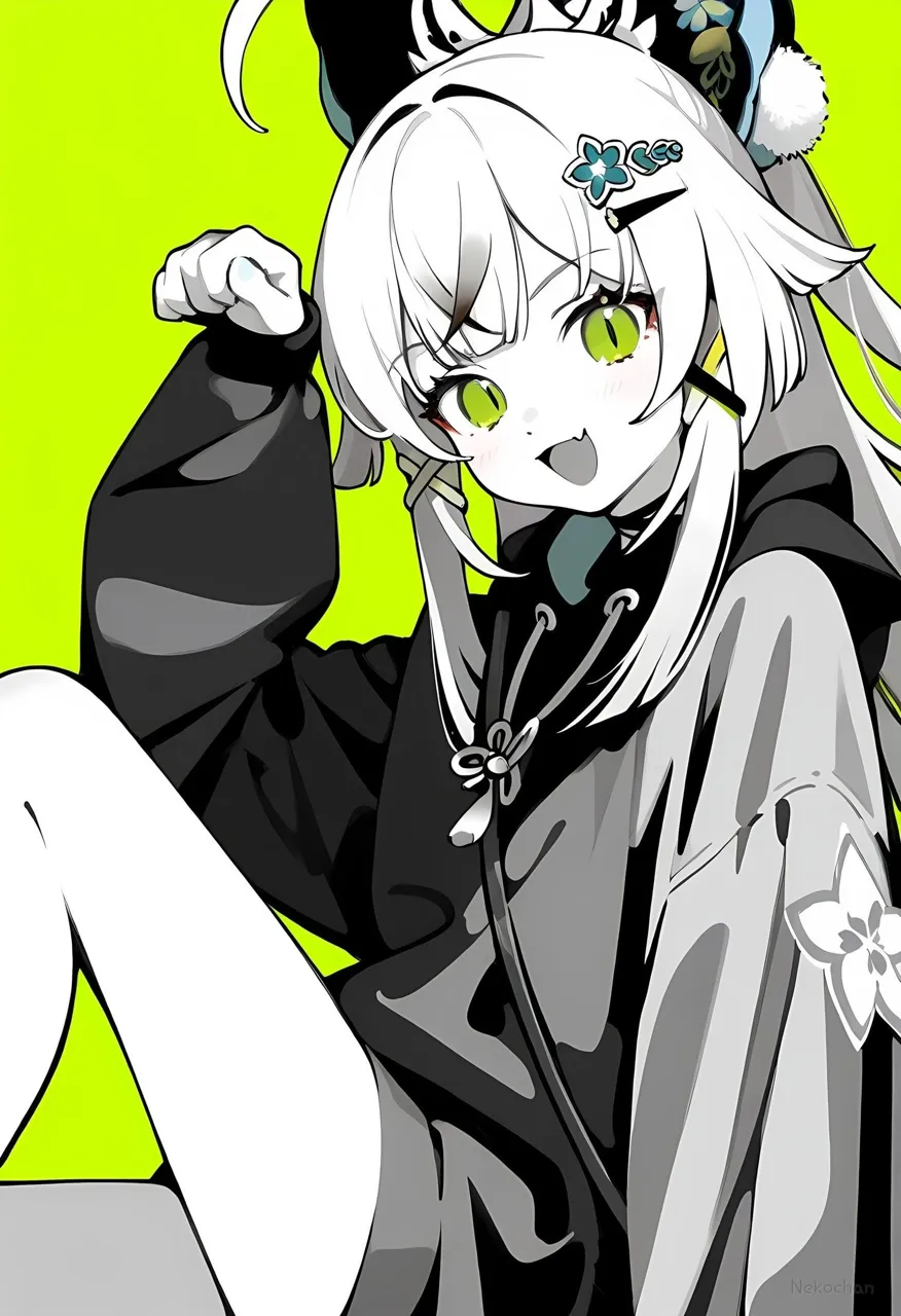 1girl bangs black_hoodie blush fang gradient gradient_background green_background green_eyes hair_ornament hat hood hood_down hoodie long_hair long_sleeves looking_at_viewer open_mouth sitting sleeves_past_wrists smile solo yellow_background