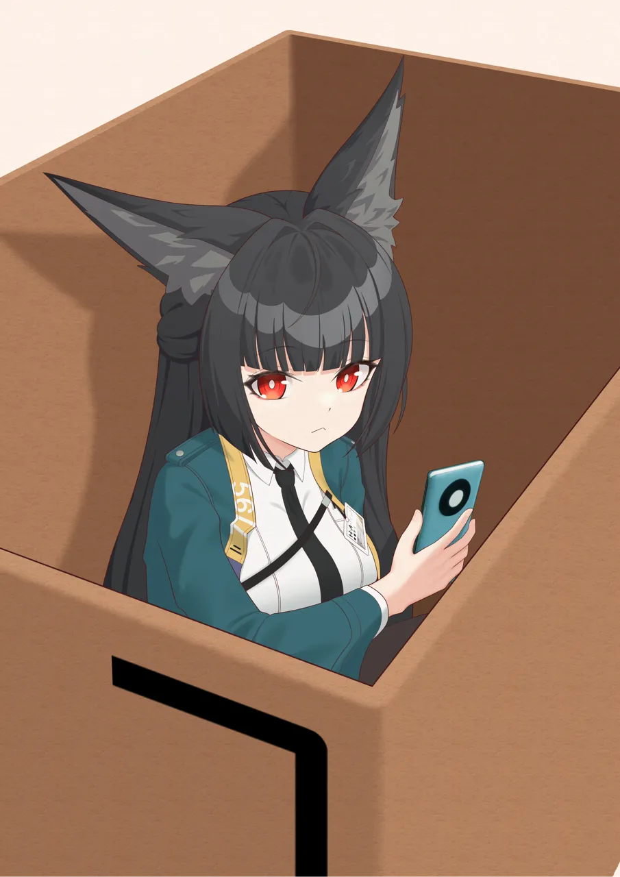 1girl animal_ear_fluff animal_ears black_hair black_necktie blue_jacket box cellphone fox_ears holding holding_phone in_box in_container jacket long_hair long_sleeves looking_at_viewer necktie open_clothes open_jacket phone red_eyes shirt smartphone solo very_long_hair white_shirt sasaki3rd zenless_zone_zero hoshimi_miyabi__zenless_zone_zero
