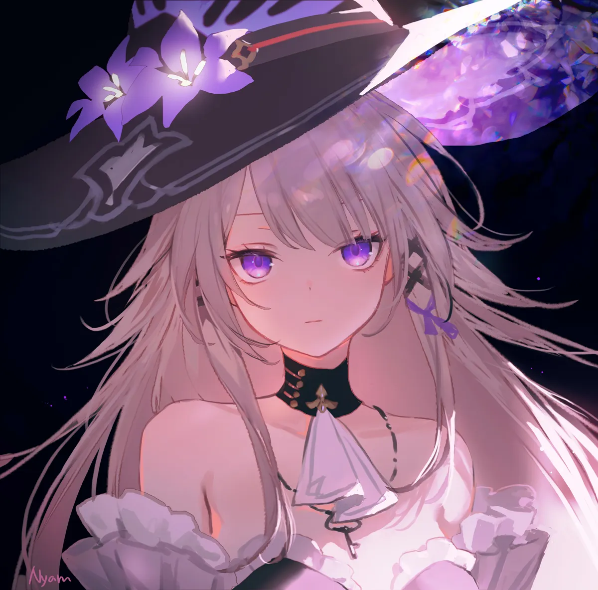 1girl artist_name bare_shoulders black_background breasts brown_hair cleavage closed_mouth hat long_hair looking_at_viewer purple_eyes small_breasts solo upper_body witch_hat adelie_cat honkai__star_rail honkai__series herta__honkai__star_rail the_herta__honkai__star_rail