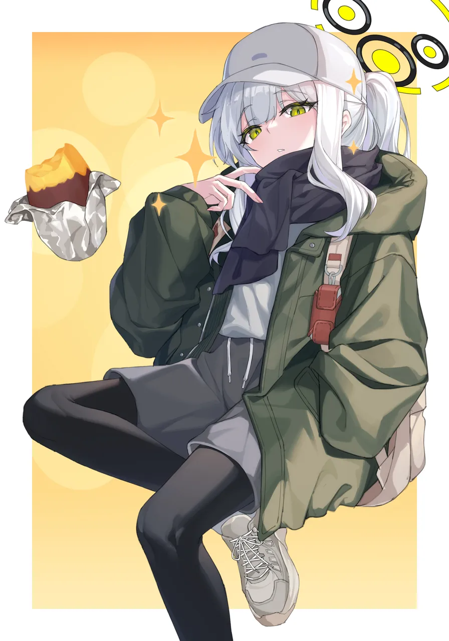 1girl backpack bag baseball_cap black_pantyhose black_scarf drawstring food foot_out_of_frame green_eyes green_jacket grey_shoes grey_shorts halo hat jacket long_hair looking_at_viewer official_alternate_costume pantyhose parted_lips ponytail roasted_sweet_potato scarf shoes shorts sneakers solo sweet_potato white_hair white_hat yellow_halo yume__454565427 blue_archive hare__blue_archive hare__camp__blue_archive