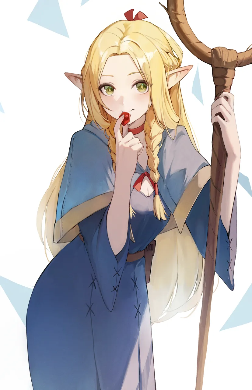 1girl ambrosia__dungeon_meshi belt blonde_hair blue_capelet blue_dress blush braid breasts capelet choker cleavage dress elf forehead holding holding_staff long_hair looking_at_viewer pointy_ears red_choker simple_background smile solo staff triangle utility_belt very_long_hair white_background jiang_zhuti_jiojio dungeon_meshi marcille_donato__dungeon_meshi
