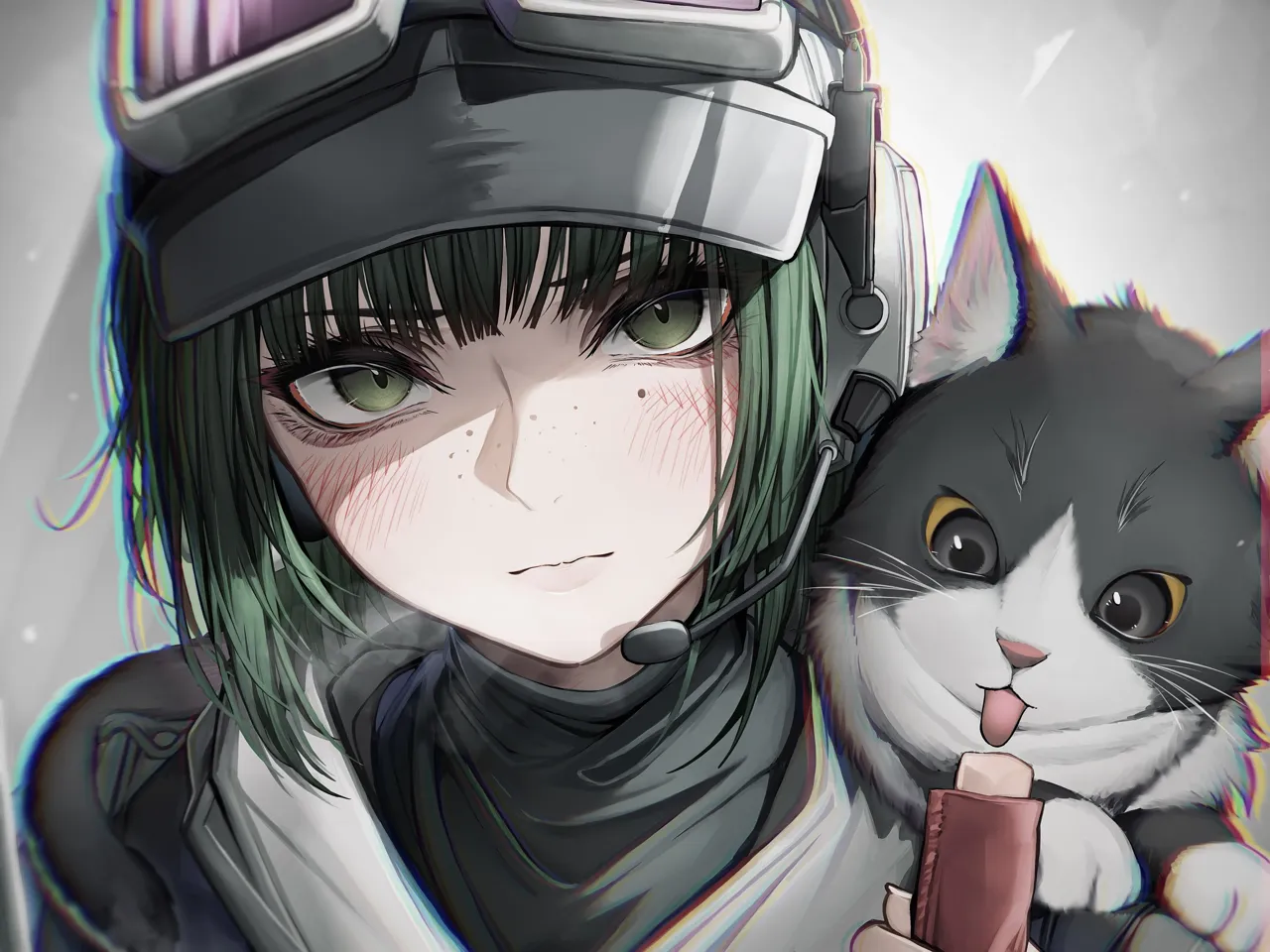 1girl animal_on_shoulder black_hat blush cat close_up closed_mouth freckles goggles goggles_on_headwear green_eyes green_hair hat headphones looking_at_viewer mole mole_under_eye pet_food tongue tongue_out tab_head arknights rainbow_six_siege ela__rainbow_six_siege