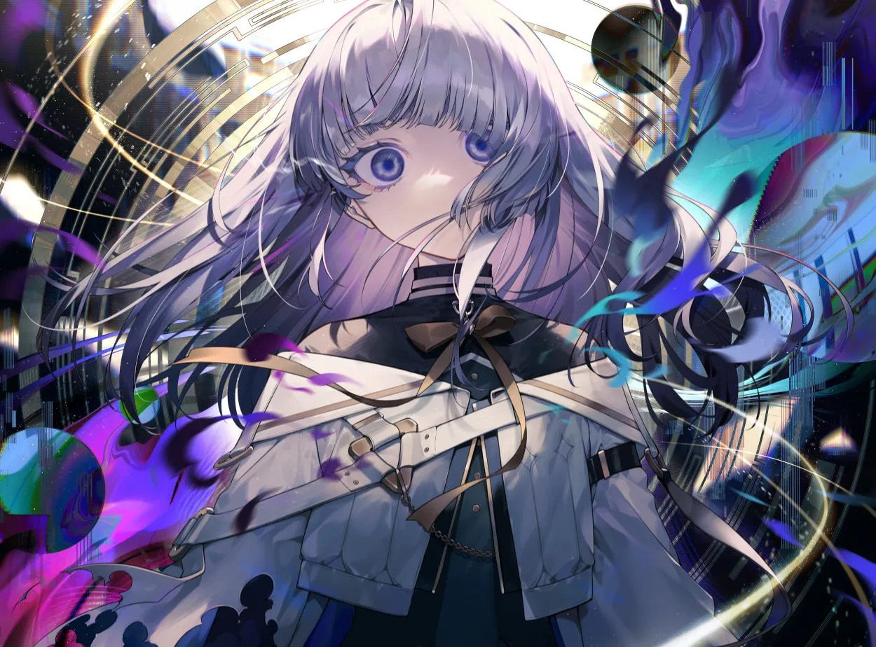 1girl black_dress bow dress earrings empty_eyes hair_between_eyes jewelry long_sleeves purple_eyes shirt smile solo white_hair white_shirt yellow_bow suzunashi arcaea insight__arcaea insight__designant__arcaea