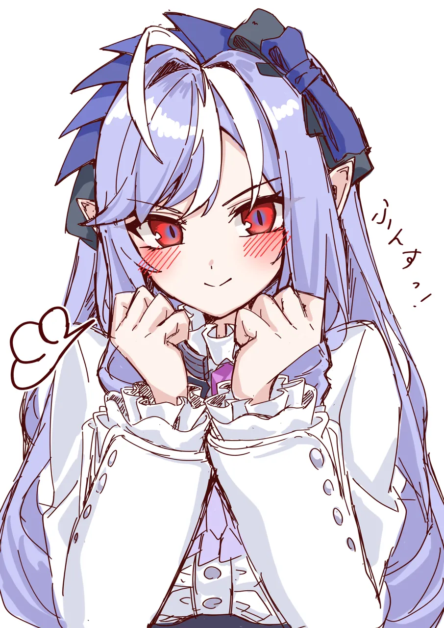 1girl ascot blush frilled_sleeves frills long_sleeves multicolored_eyes pointy_ears purple_ascot purple_hair red_eyes simple_background smile solo upper_body white_background amaxa zenless_zone_zero vivian__zenless_zone_zero
