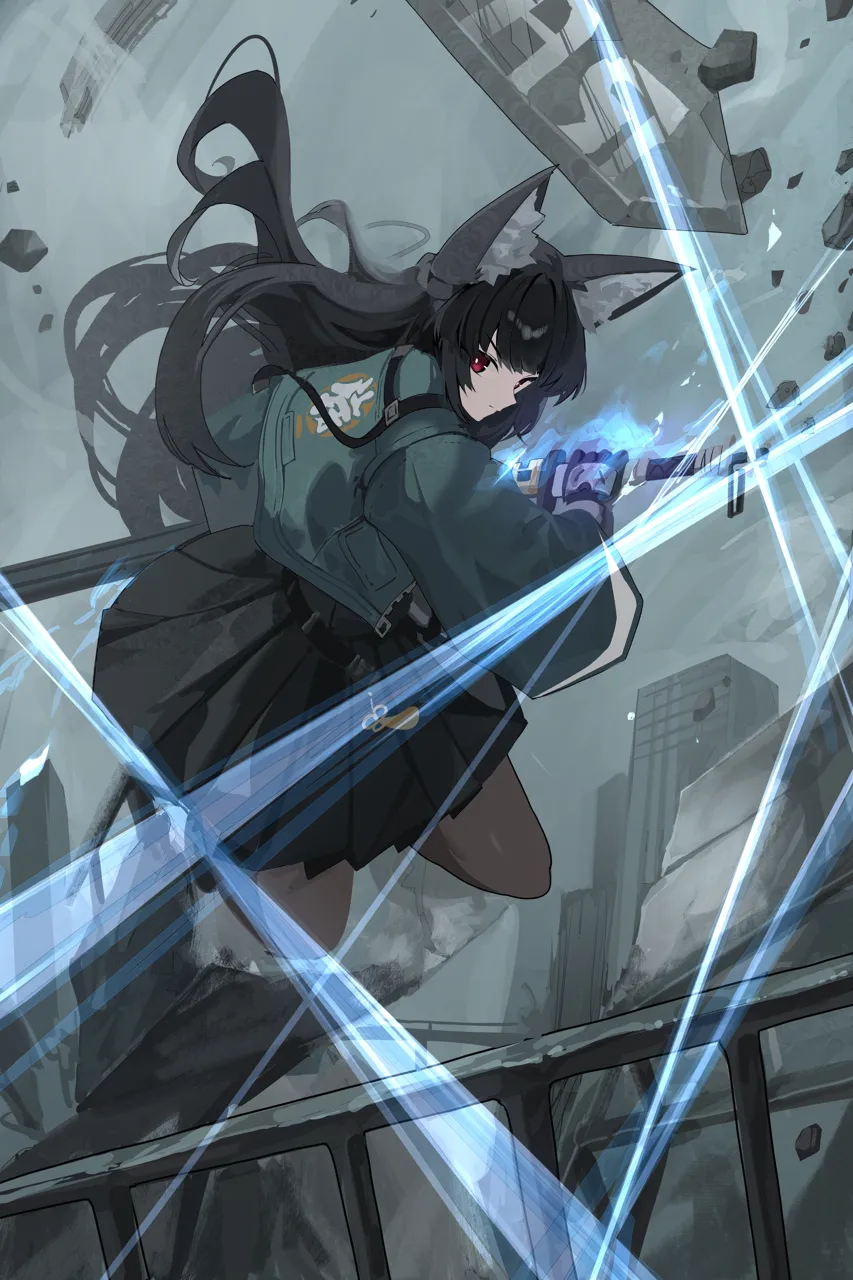 1girl animal_ear_fluff animal_ears black_hair black_pantyhose black_skirt blunt_bangs cityscape closed_mouth cloud cloudy_sky fox_ears fox_girl green_jacket holding holding_sword holding_weapon jacket katana long_hair looking_at_viewer outdoors pantyhose red_eyes sidelocks skirt sky solo sword weapon nn11 zenless_zone_zero hoshimi_miyabi__zenless_zone_zero