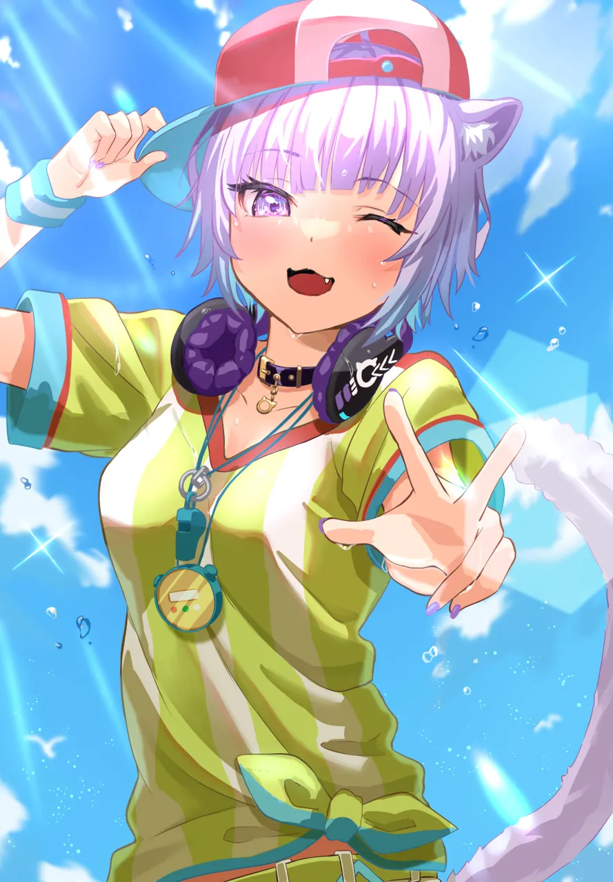 1girl animal_ears baseball_cap blue_sky cat_ears cat_girl cat_tail cosplay flying_sweatdrops hat headphones headphones_around_neck lens_flare one_eye_closed oozora_subaru__cosplay purple_eyes purple_hair shirt short_hair sky striped_clothes striped_shirt sunlight sweat tail vertical_striped_clothes vertical_striped_shirt virtual_youtuber whistle whistle_around_neck uuroncha hololive nekomata_okayu__hololive oozora_subaru__hololive oozora_subaru__1st_costume__hololive