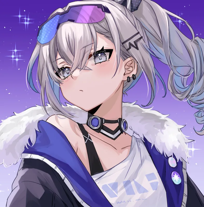 1girl crossed_bangs detached_collar drill_hair drill_ponytail earrings eyewear_on_head fur_trimmed_jacket fur_trim gradient_tinted_eyewear gradient_background grey_eyes grey_hair hair_between_eyes jacket jewelry long_hair looking_at_viewer ponytail purple_tinted_eyewear shirt single_shoulder_shirt single_drill solo tinted_eyewear upper_body white_shirt ten_chan__eternal_s honkai__star_rail honkai__series silver_wolf__honkai__star_rail
