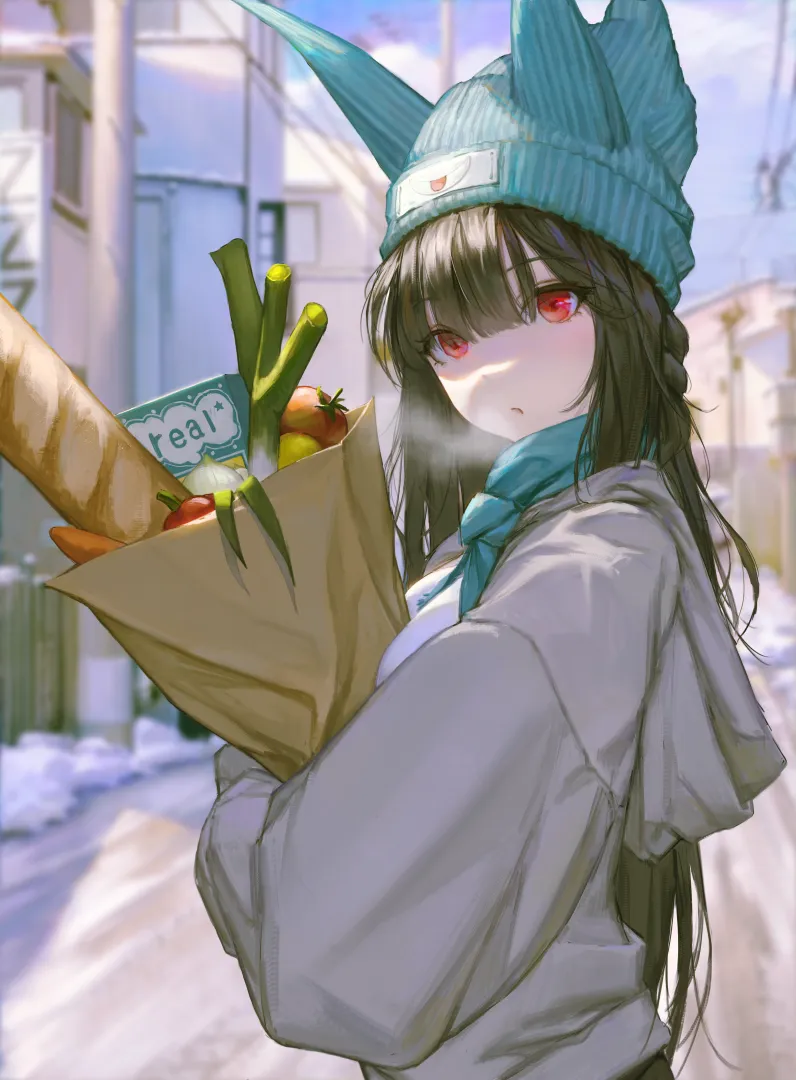 1girl alternate_costume black_hair blue_sky blunt_bangs building cityscape cold food fox_girl hat holding holding_food long_hair looking_at_viewer looking_back outdoors red_eyes sidelocks sky snow solo upper_body sib__9obsl zenless_zone_zero hoshimi_miyabi