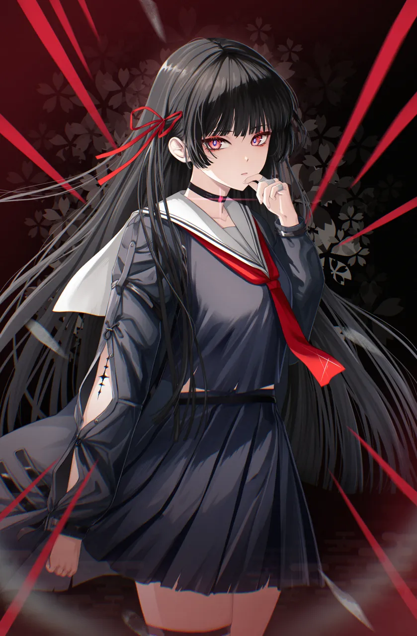 1girl arm_cutout black_hair black_shirt black_skirt breasts closed_mouth collarbone glint hair_ribbon hand_up hime_cut large_breasts long_hair long_sleeves looking_at_viewer red_eyes red_ribbon ribbon sailor_collar school_uniform serafuku shirt skirt solo tacet_mark__wuthering_waves thighs white_sailor_collar haku_ei wuthering_waves chisa__wuthering_waves