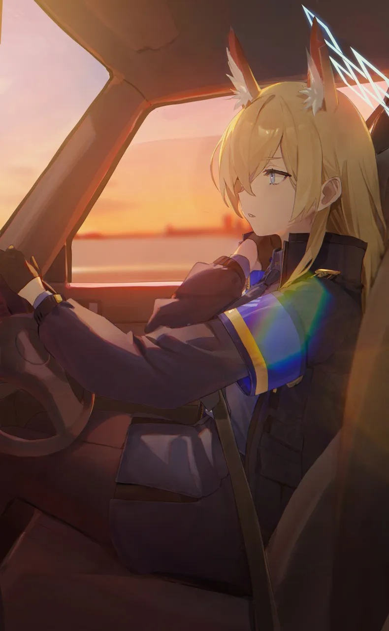 1girl animal_ear_fluff animal_ears black_gloves blonde_hair blue_eyes blue_halo car_interior cityscape dog_ears driving gloves halo long_hair morning necktie pantyhose police police_uniform policewoman seatbelt sitting steering_wheel flatshi blue_archive kanna__blue_archive