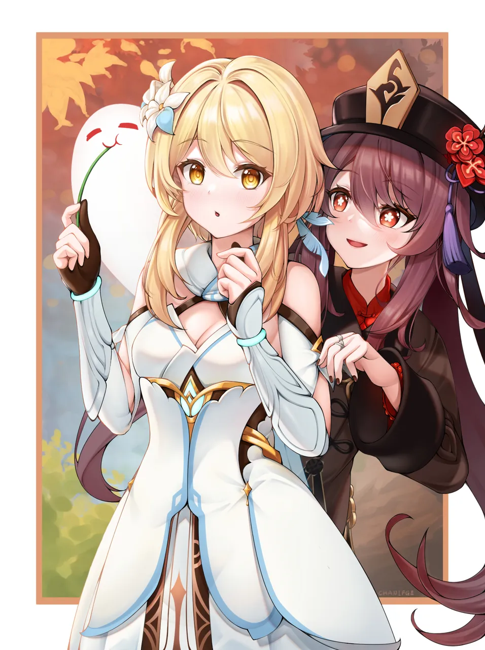 2girls bare_shoulders bead_bracelet beads blonde_hair bracelet breasts brown_hair cleavage closed_eyes dress eating flower ghost hair_flower hair_ornament hat jewelry long_sleeves multiple_girls nail_polish open_mouth red_eyes ring scarf smile vambraces yellow_eyes chanifge genshin_impact boo_tao__genshin_impact hu_tao__genshin_impact lumine__genshin_impact