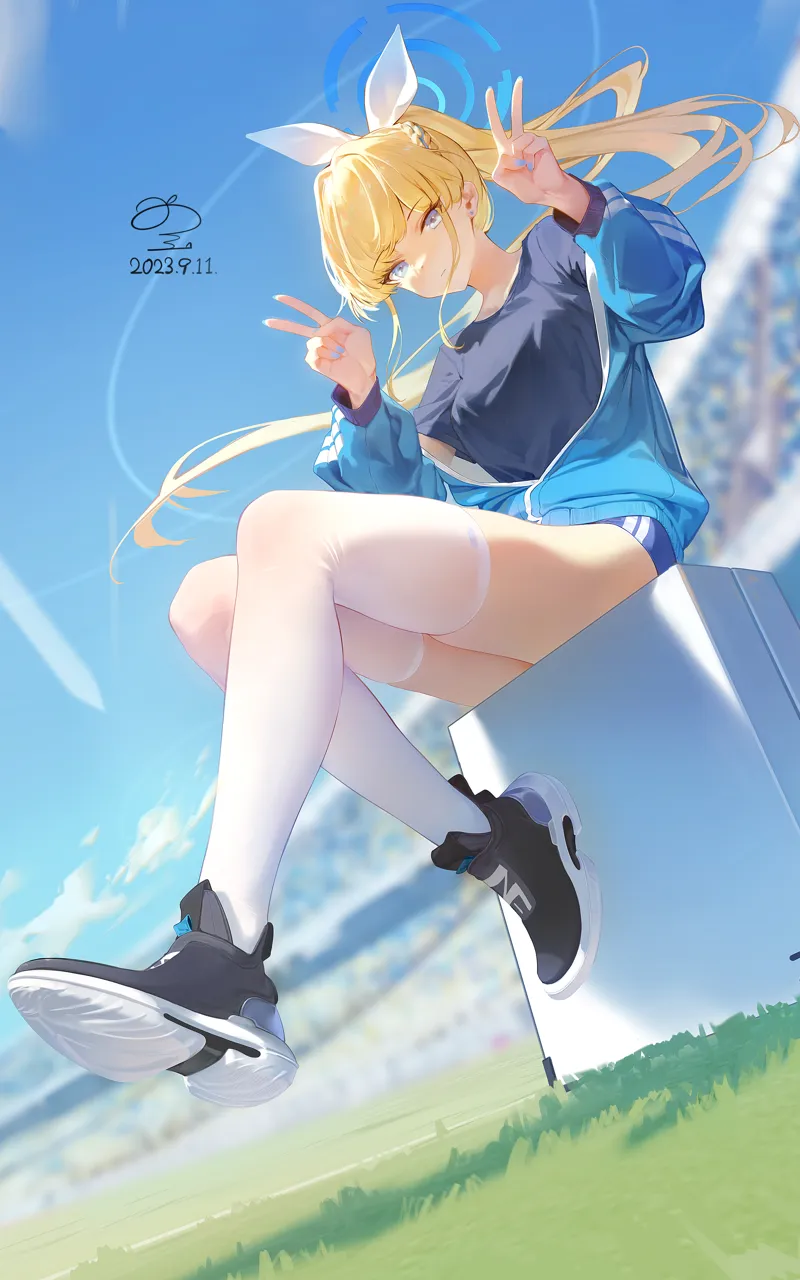 1girl blonde_hair blue_eyes blue_halo blue_jacket blue_nails blue_shirt blurry blurry_background braid closed_mouth dated day double_v earrings floating_hair gym_uniform hair_ribbon halo jacket jewelry long_hair long_sleeves open_clothes open_jacket outdoors ponytail ribbon shirt shoes signature solo thighhighs very_long_hair white_thighhighs ribao blue_archive toki__blue_archive