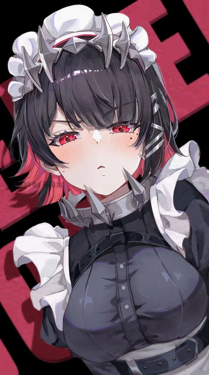 1girl belt black_belt black_dress black_hair breasts colored_inner_hair dress large_breasts looking_at_viewer maid maid_headdress multicolored_hair red_eyes red_hair short_hair solo upper_body v_shaped_eyebrows mihan__mihan_art zenless_zone_zero ellen_joe__zenless_zone_zero