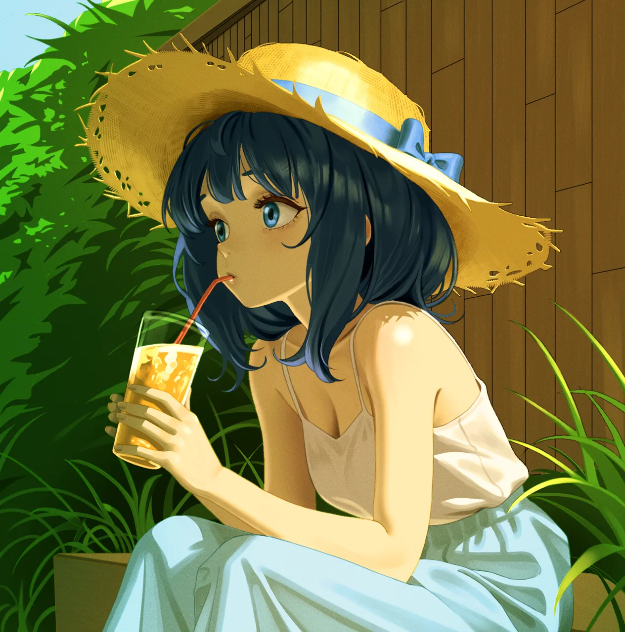 1girl bare_shoulders blue_eyes blue_hair blue_skirt breasts cleavage collarbone cup drinking drinking_glass drinking_straw drinking_straw_in_mouth fence from_side glass hat holding holding_cup long_skirt medium_hair outdoors shirt sitting skirt sleeveless sleeveless_shirt solo spaghetti_strap straw_hat white_shirt wooden_fence kingrun make_heroine_ga_oo_sugiru yanami_anna