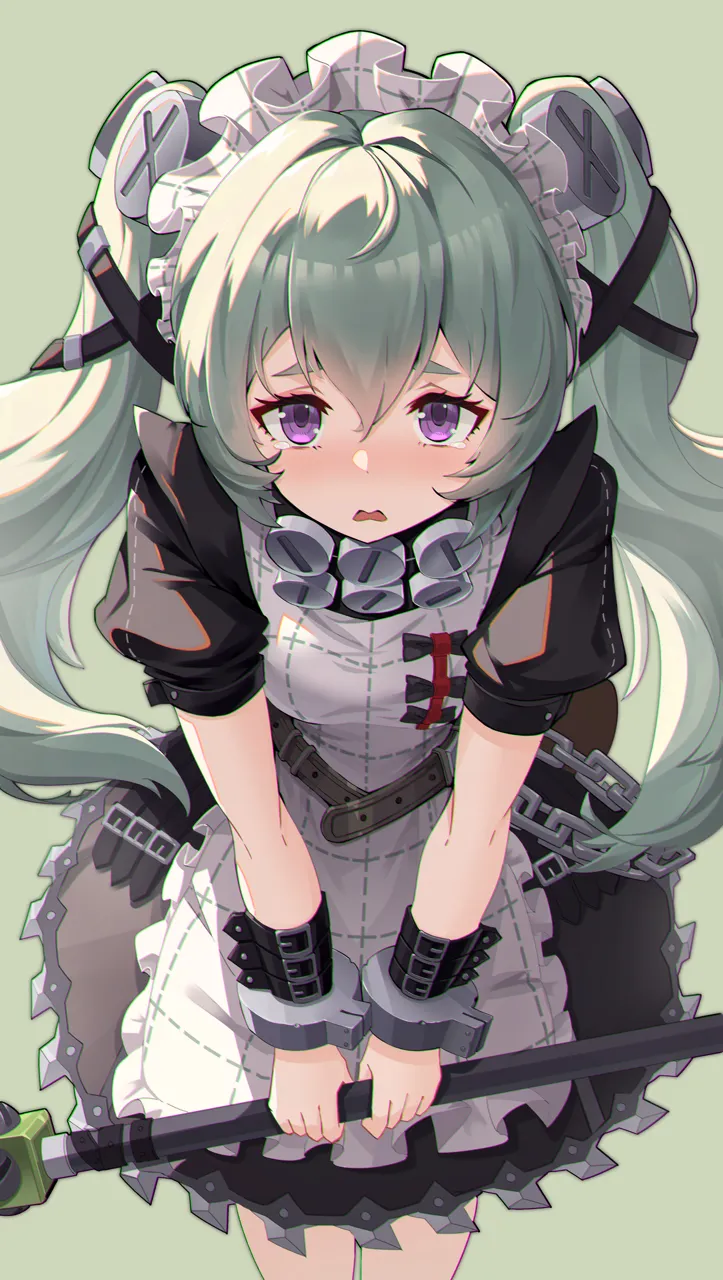 1girl apron blush broken_handcuffs chromatic_aberration cowboy_shot foreshortening frilled_apron frills green_background green_hair hair_between_eyes hair_ornament holding holding_weapon legs_together looking_at_viewer maid maid_headdress nail_hair_ornament nose_blush open_mouth own_hands_together puffy_short_sleeves puffy_sleeves purple_eyes short_sleeves sidelocks simple_background solo stitches straight_on twintails weapon white_apron x_hair_ornament kumo33 zenless_zone_zero corin_wickes__zenless_zone_zero