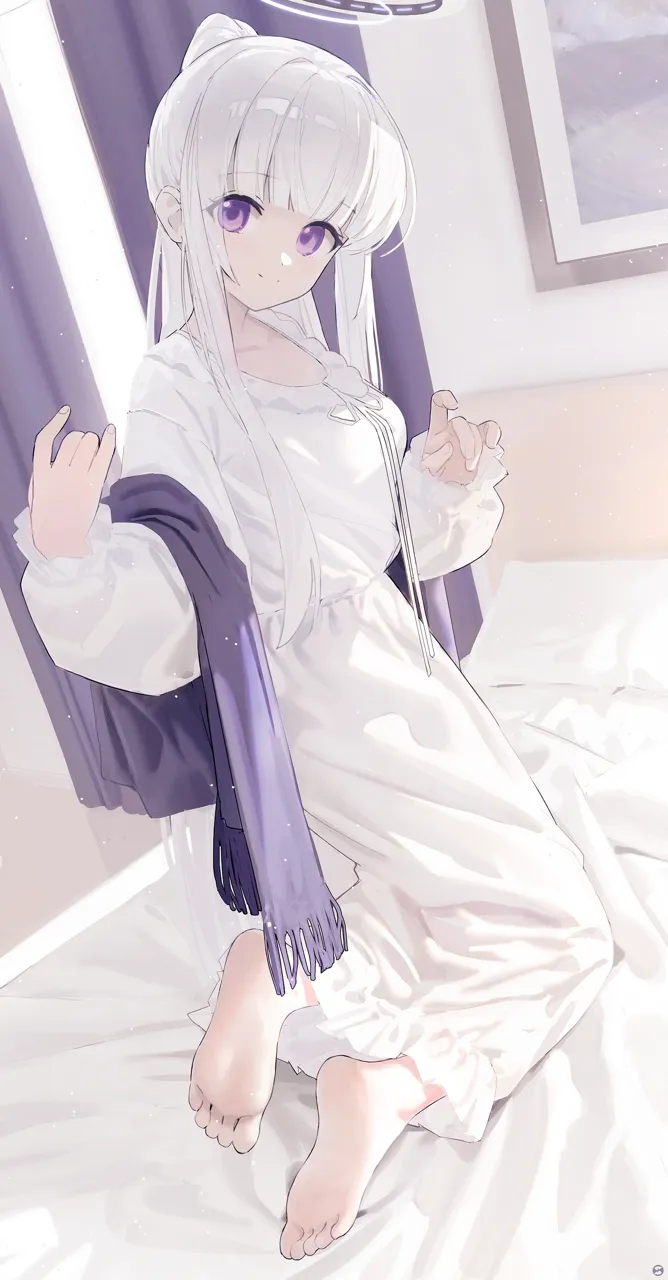 1girl barefoot bed blunt_bangs breasts closed_mouth curtains dress feet halo indoors long_hair long_sleeves looking_at_viewer medium_breasts on_bed pajamas purple_eyes sidelocks soles solo very_long_hair white_dress white_hair white_pajamas songchuan_li blue_archive noa__blue_archive noa__pajamas__blue_archive