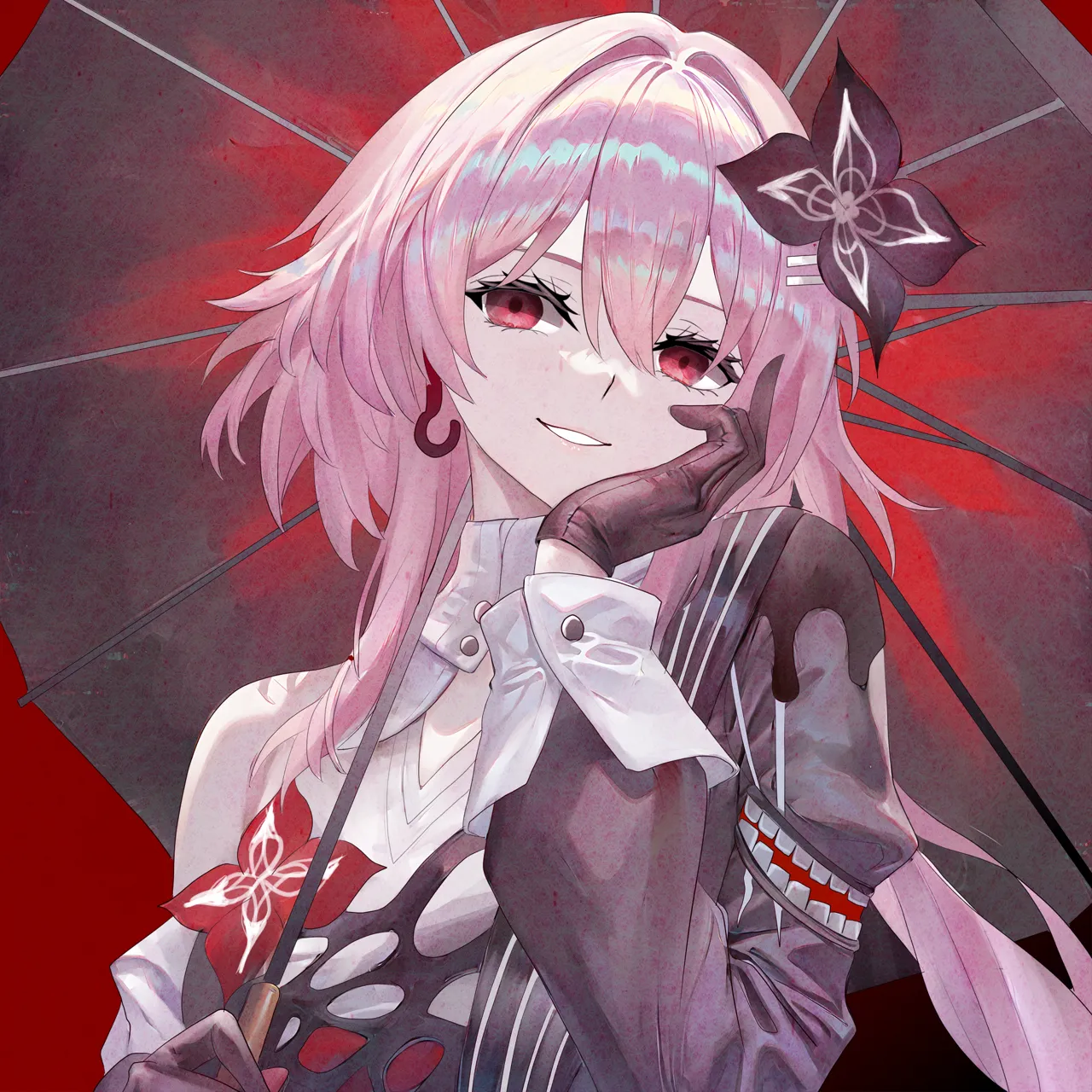 1girl black_dress black_gloves dress gloves grin hair_intakes hair_ornament head_tilt long_hair long_sleeves looking_at_viewer pink_hair red_eyes single_bare_shoulder smile solo upper_body very_long_hair miyashirokiyu honkai__star_rail honkai__series evernight__honkai__star_rail march_7th__honkai__star_rail