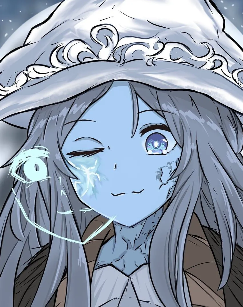 1girl blue_eyes blue_skin closed_mouth collarbone colored_skin grey_skin hat long_hair looking_at_viewer one_eye_closed smile solo white_skin elden_ring ranni_the_witch__elden_ring