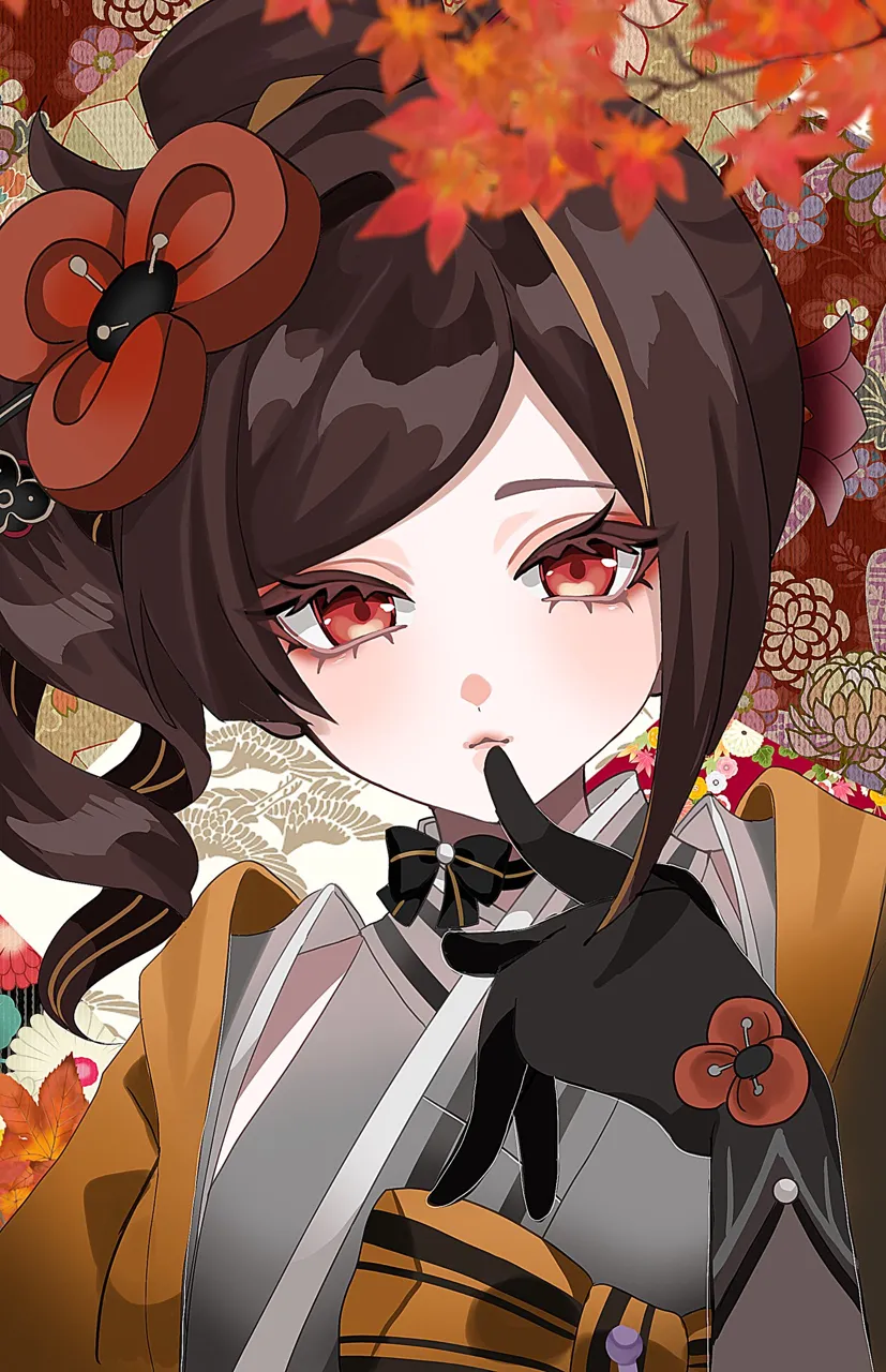 1girl black_choker black_gloves blurry bow bow_choker brown_hair choker depth_of_field eyeliner finger_to_mouth floral_background gem gloves grey_kimono hair_ornament haori japanese_clothes kimono long_hair looking_at_viewer makeup multicolored_hair orange_bow orange_hair pearl__gemstone red_eyeliner red_eyes ringlets sidelocks solo streaked_hair two_tone_hair upper_body rei__sss35_ss3 genshin_impact chiori__genshin_impact