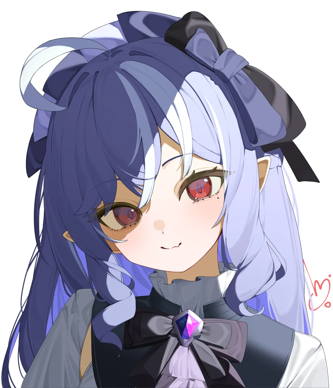 1girl ahoge dress looking_at_viewer pointy_ears portrait purple_hair red_eyes smile solo white_background white_dress hijo__nakare2845 zenless_zone_zero vivian__zenless_zone_zero