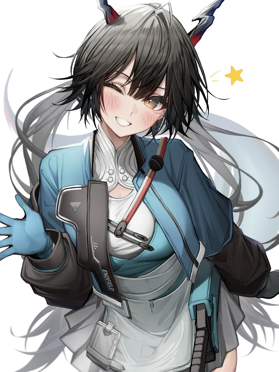 1girl black_hair black_horns blue_gloves blue_jacket brown_eyes gloves grey_skirt horns jacket long_hair long_sleeves looking_at_viewer low_twintails one_eye_closed simple_background skirt smile solo twintails white_background tab_head arknights arknights__endfield chen_qianyu__arknights