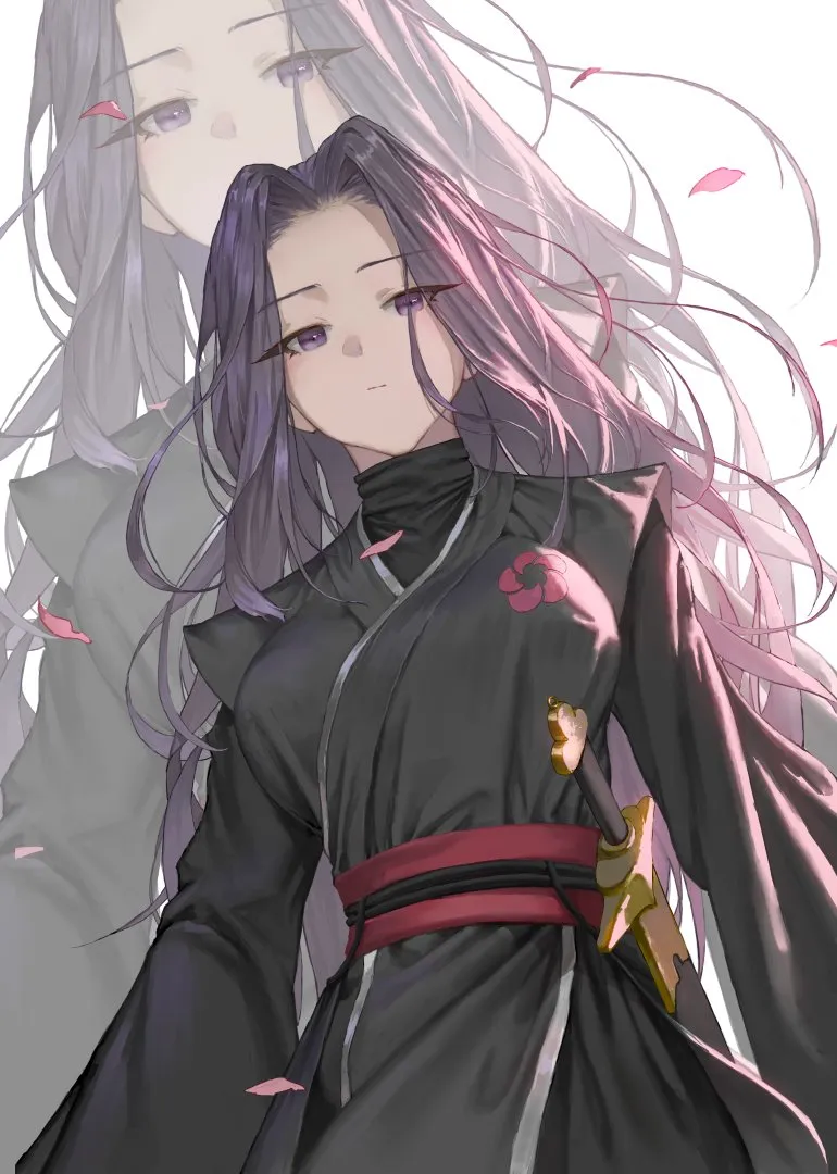 1girl black_hair black_hanfu breasts chinese_clothes closed_mouth expressionless falling_petals hanfu long_hair long_sleeves petals sash sheath silhouette solo sword turtleneck upper_body weapon white_background sib__9obsl return_of_the_mount_hua_sect yu_iseol__return_of_the_mount_hua_sect