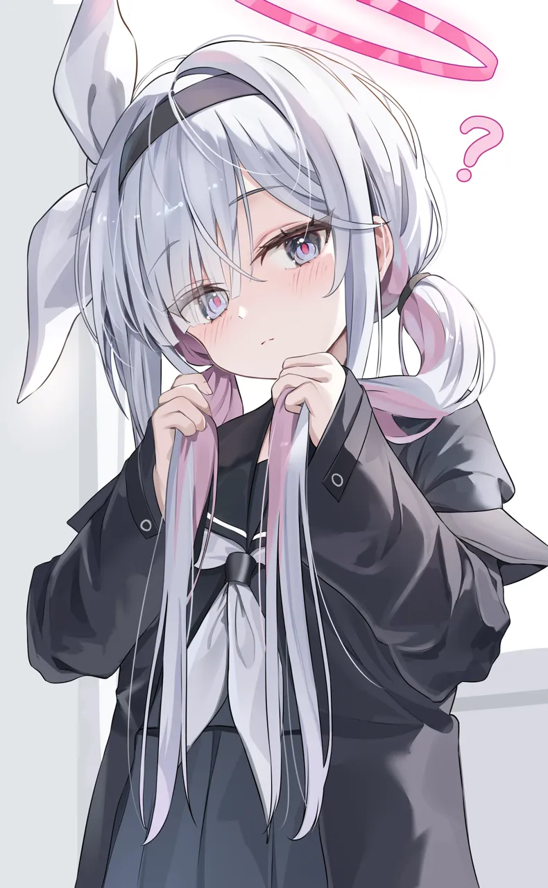 1girl alternate_hairstyle black_hairband black_jacket black_serafuku black_shirt black_skirt blush colored_inner_hair eyelashes eyes_visible_through_hair grey_eyes hair_over_one_eye hairband halo holding holding_own_hair jacket long_hair looking_at_viewer low_twintails multicolored_hair neckerchief open_clothes open_jacket pink_hair pink_halo red_pupils school_uniform serafuku shirt skirt solo straight_hair twintails upper_body white_hair white_neckerchief umou__umouawa blue_archive plana__blue_archive